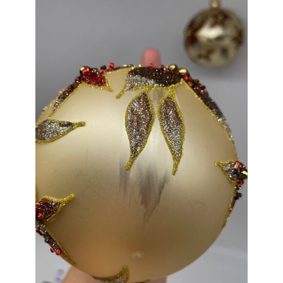Vintage Kirkland Jeweled Poinsettia Glass Ornament Seed Beads Gliter Ball pair - Picture 6 of 13
